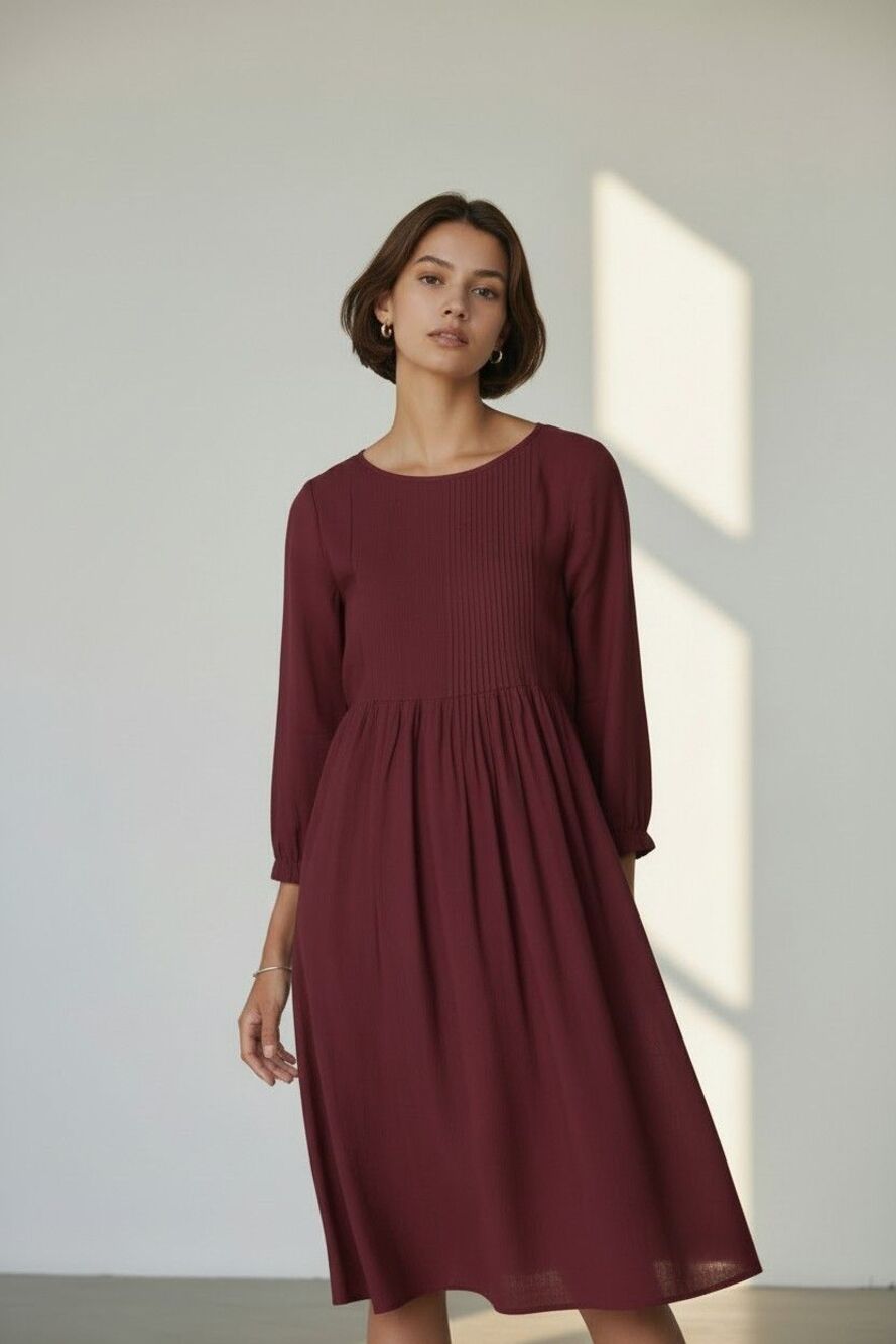 J. Jill Pintuck A-Line Dress Burgundy Sz M Women's Casual  Minimalist Boho Flowy